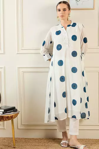 Geometric Printed Band Collar Cotton A-Line Kurta with Trousers & Dupatta