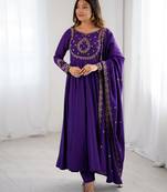 women's embroidery work roman chanderi silk blend flared anarkali pant and dupatta set