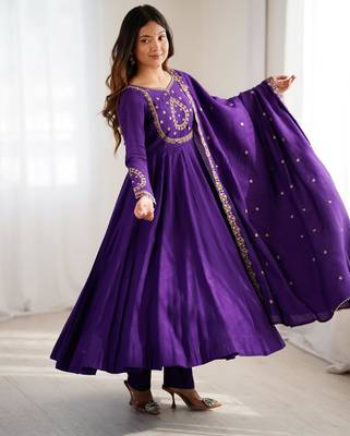 women's embroidery work roman chanderi silk blend flared anarkali pant and dupatta set 2