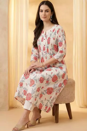Women Floral Printed Pleated Cotton Kurta with Trousers
