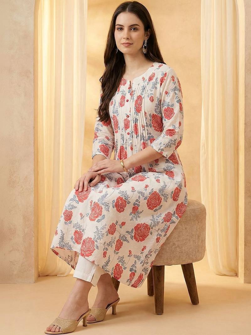 Women Floral Printed Pleated Cotton Kurta with Trousers