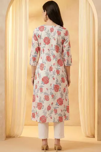 Women Floral Printed Pleated Cotton Kurta with Trousers
