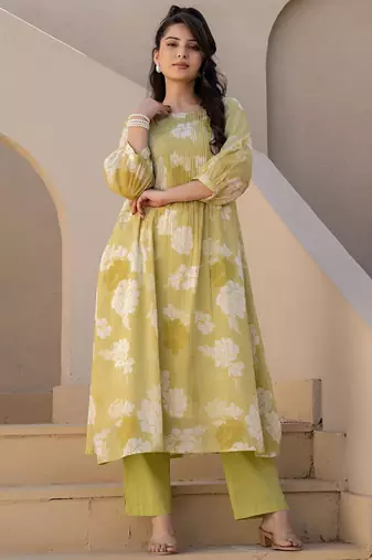 Floral Printed Cotton Straight Kurta With Trousers