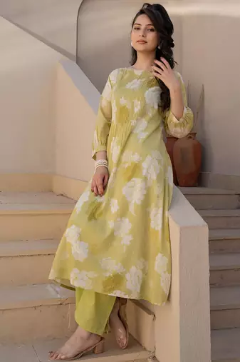 Floral Printed Cotton Straight Kurta With Trousers