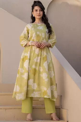 Floral Printed Cotton Straight Kurta With Trousers