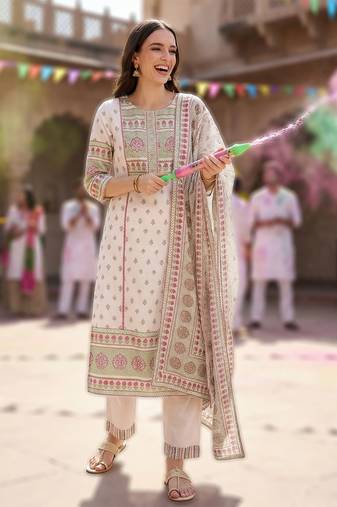 Women Ethnic Motifs Printed Cotton Kurta with Trousers & With Dupatta