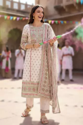 Women Ethnic Motifs Printed Cotton Kurta with Trousers & With Dupatta