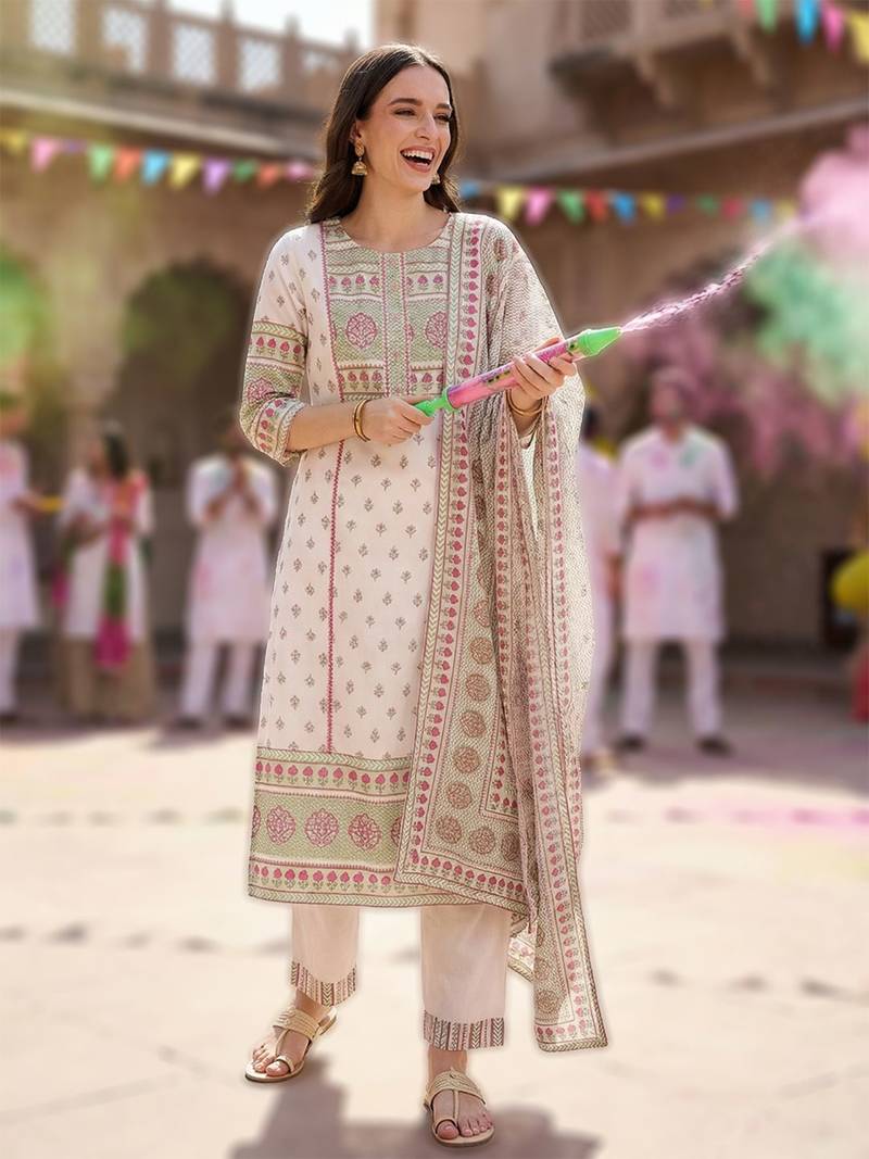 Women Ethnic Motifs Printed Cotton Kurta with Trousers & With Dupatta