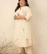 Plus Size Off White Embroidered A-Line Kurta Trousers Set