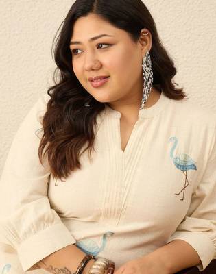Plus Size Off White Embroidered A-Line Kurta Trousers Set 2