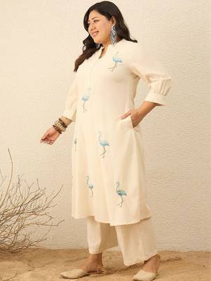 Plus Size Off White Embroidered A-Line Kurta Trousers Set 3