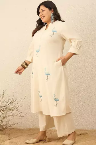 Plus Size Off White Embroidered A-Line Kurta Trousers Set
