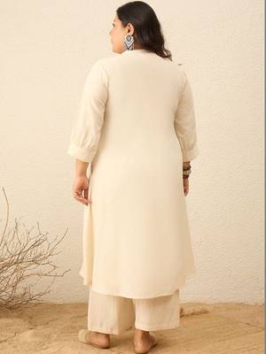 Plus Size Off White Embroidered A-Line Kurta Trousers Set 4