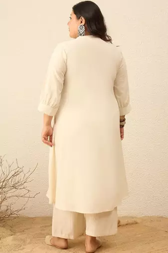 Plus Size Off White Embroidered A-Line Kurta Trousers Set