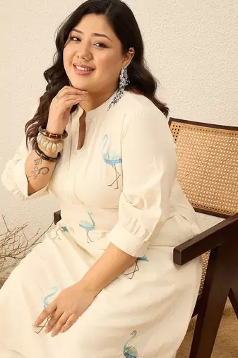 Plus Size Off White Embroidered A-Line Kurta Trousers Set