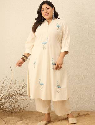 Plus Size Off White Embroidered A-Line Kurta Trousers Set 6