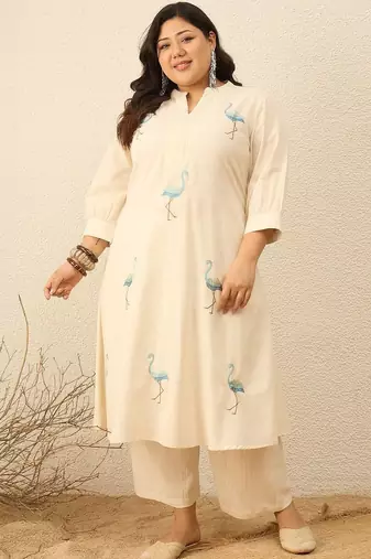 Plus Size Off White Embroidered A-Line Kurta Trousers Set