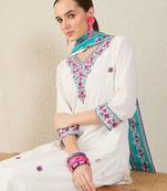 Women Floral Embroidered Thread Work Cotton Kurta with Trousers & With Dupatta