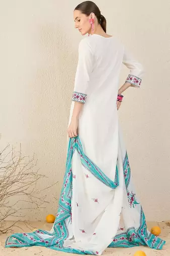 Women Floral Embroidered Thread Work Cotton Kurta with Trousers & With Dupatta