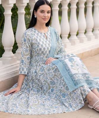 Women Floral Printed Empire Cotton Kurta with Trousers & With Dupatta 5