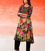 Women Floral Striped Thread Work Cotton Kurta with Trousers