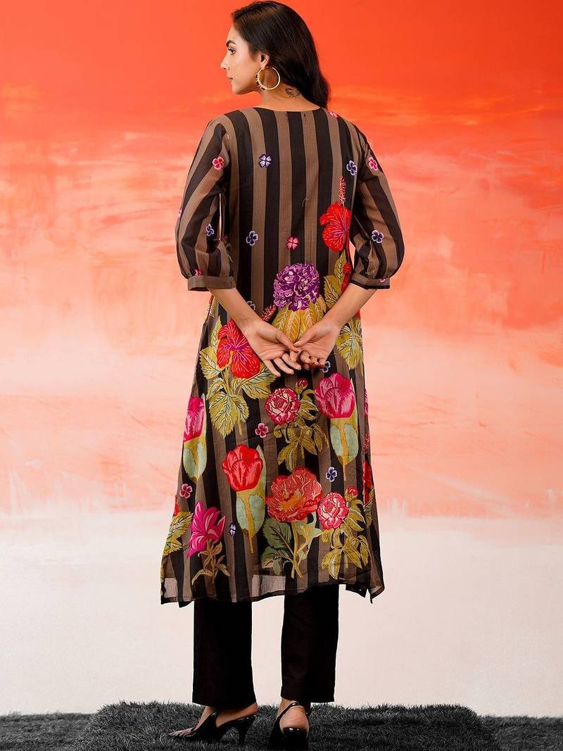 Women Floral Striped Thread Work Cotton Kurta with Trousers