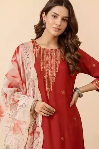 Women Floral Embroidered Thread Work Kurta with Trousers & With Dupatta