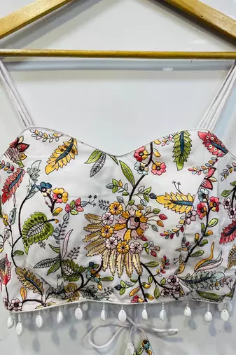 White designer embroidery and sequence work spaghetti strap blouse