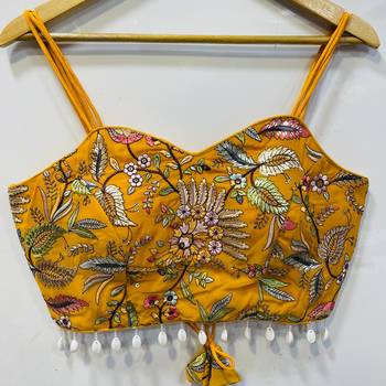 Yellow designer embroidery and sequence work spaghetti strap blouse 2