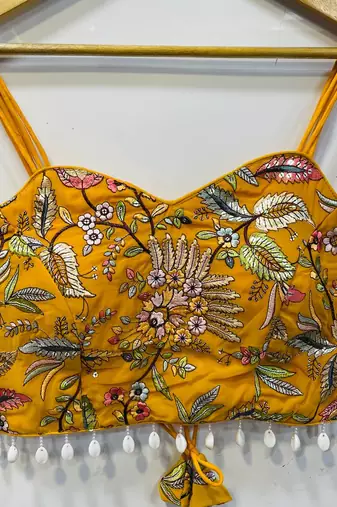 Yellow designer embroidery and sequence work spaghetti strap blouse