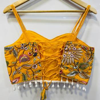 Yellow designer embroidery and sequence work spaghetti strap blouse 3