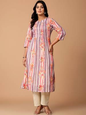 Floral Printed Pleated Cotton A-Line Kurta with Trousers 1