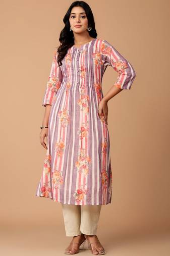 Floral Printed Pleated Cotton A-Line Kurta with Trousers