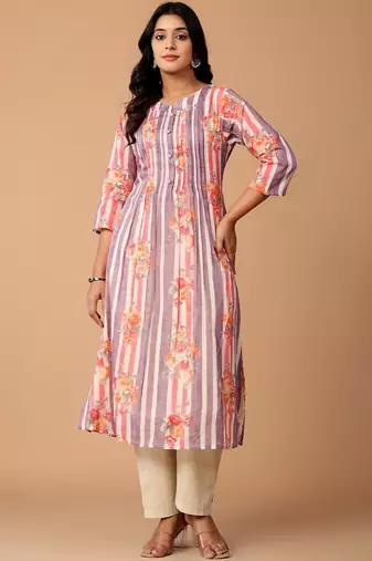 Floral Printed Pleated Cotton A-Line Kurta with Trousers