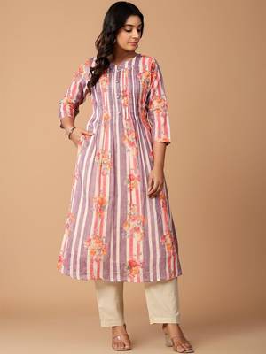 Floral Printed Pleated Cotton A-Line Kurta with Trousers 2