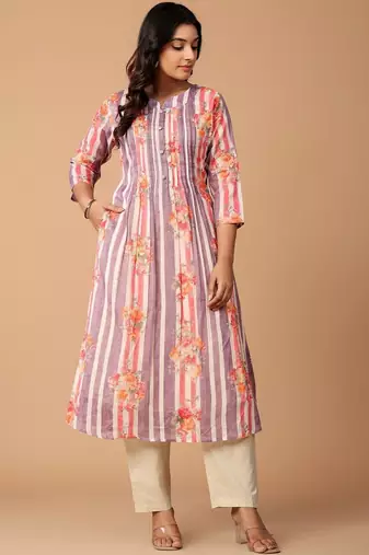 Floral Printed Pleated Cotton A-Line Kurta with Trousers