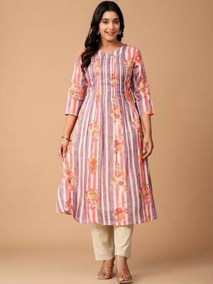 Floral Printed Pleated Cotton A-Line Kurta with Trousers 5