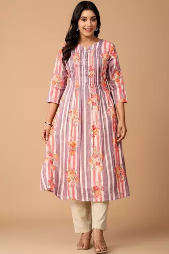 Floral Printed Pleated Cotton A-Line Kurta with Trousers