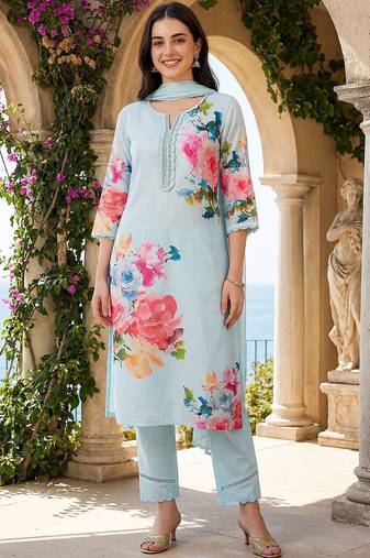 Women Floral Printed Thread Work Linen Kurta with Trousers & With Dupatta