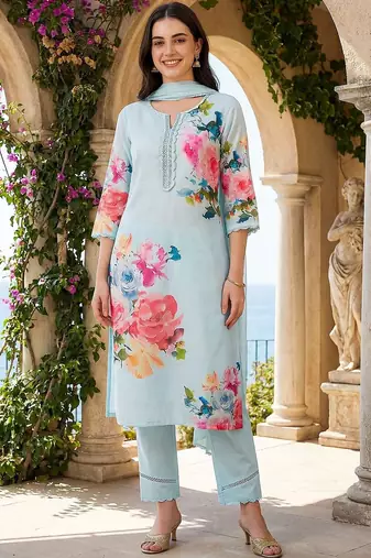 Women Floral Printed Thread Work Linen Kurta with Trousers & With Dupatta