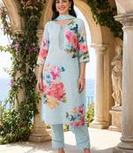 Women Floral Printed Thread Work Linen Kurta with Trousers & With Dupatta