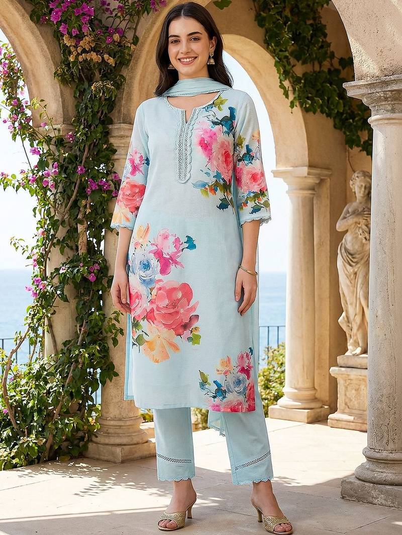 Women Floral Printed Thread Work Linen Kurta with Trousers & With Dupatta