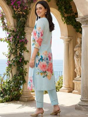 Women Floral Printed Thread Work Linen Kurta with Trousers & With Dupatta 2