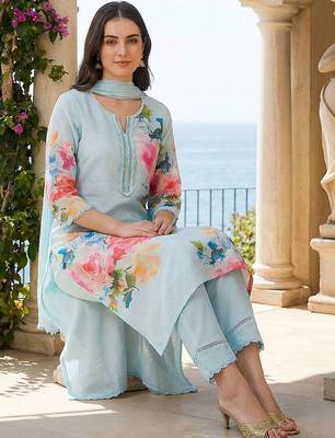 Women Floral Printed Thread Work Linen Kurta with Trousers & With Dupatta 5