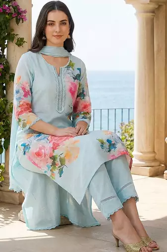 Women Floral Printed Thread Work Linen Kurta with Trousers & With Dupatta