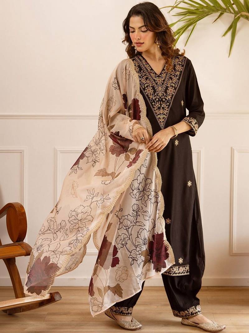 Women Ethnic Motifs Embroidered Kurta with Salwar & With Dupatta