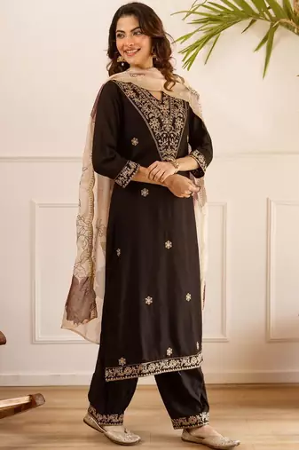 Women Ethnic Motifs Embroidered Kurta with Salwar & With Dupatta