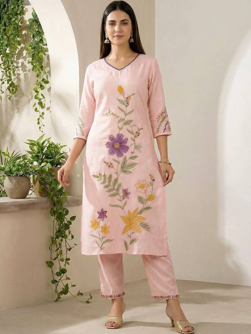 Women Floral Embroidered Thread Work Kurta with Trousers