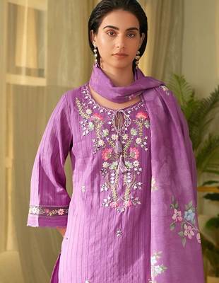 Women Floral Embroidered Thread Work Cotton Kurta with Trousers & With Dupatta 1
