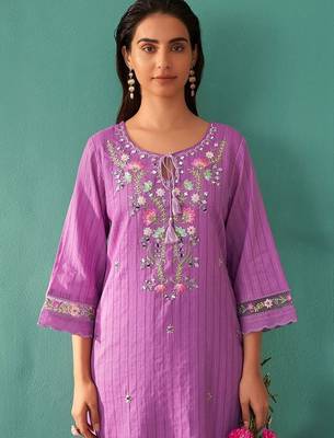 Women Floral Embroidered Thread Work Cotton Kurta with Trousers & With Dupatta 5